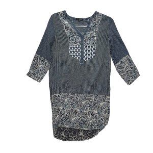 Lovposh Womens Tunic Top Dress Medium Gray V neck Batik Print 3/4 Sleeve Boho